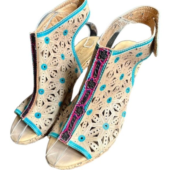 Spring Step L' Artiste Marjan Graym Floral Leather Sandals - Tan/Blue - EU 38 - Picture 4 of 12